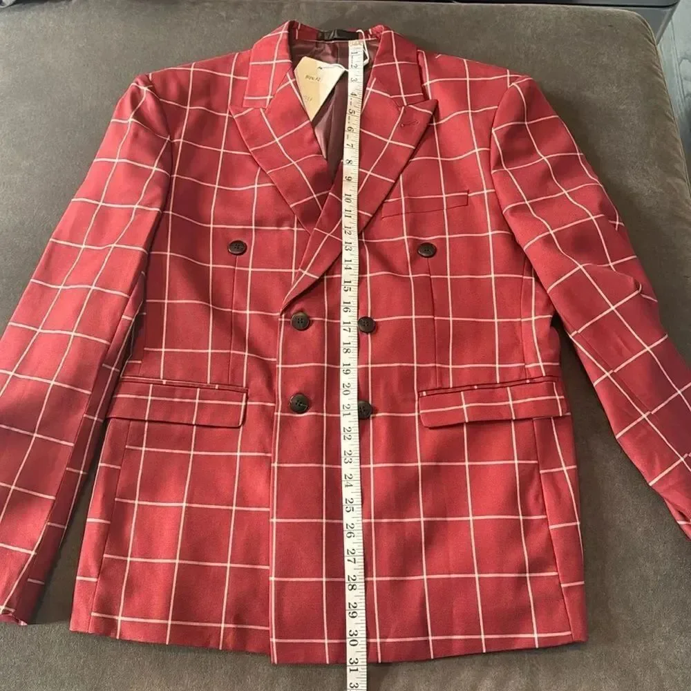 Men’s Check Plaid 3 Piece Suit Double Breasted Peak Lapel 42 Jacket 38 Pants NEW